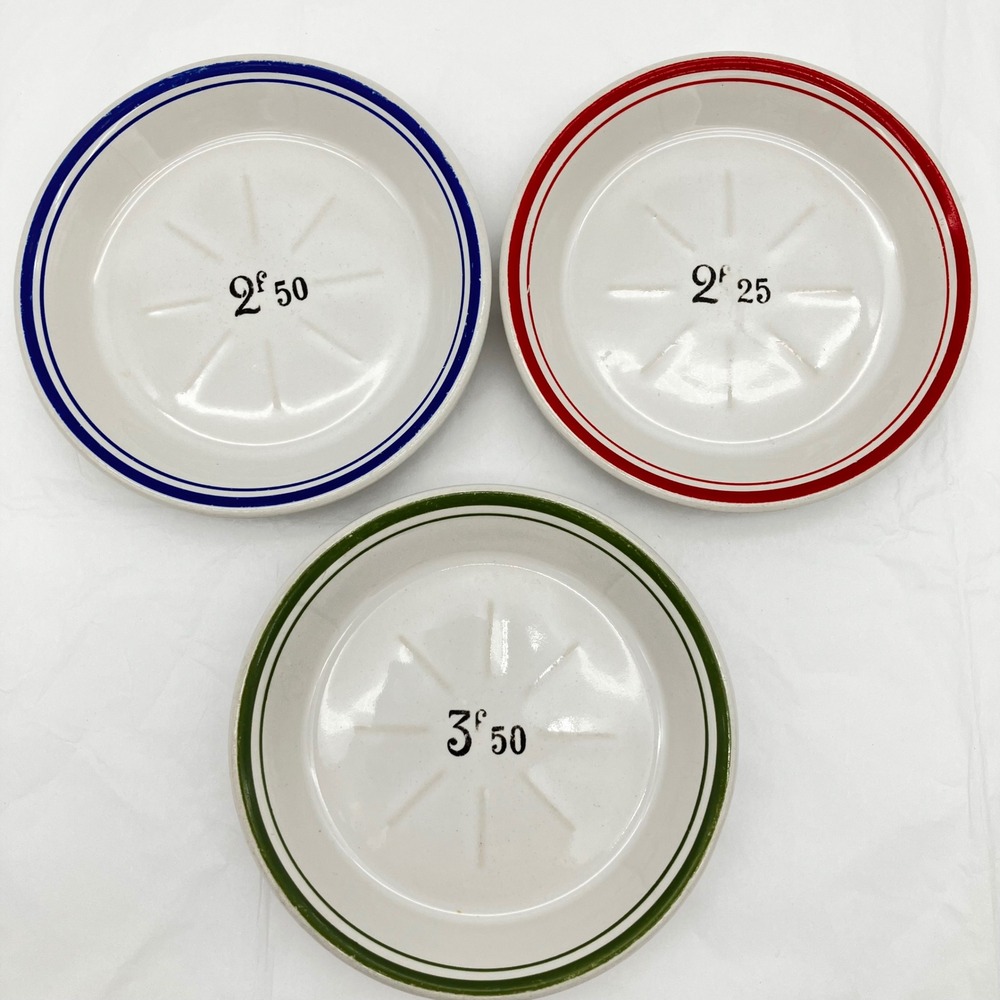SET 3 Vtg French Absinthe Saucer Plate Bistro Tip Tray 5" Red Green Blue Rim